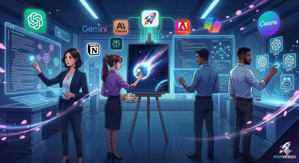Ilustração futurista de pessoas utilizando as melhores IAs de 2026 para produtividade e criação de conteúdo no portal POPVERSO.