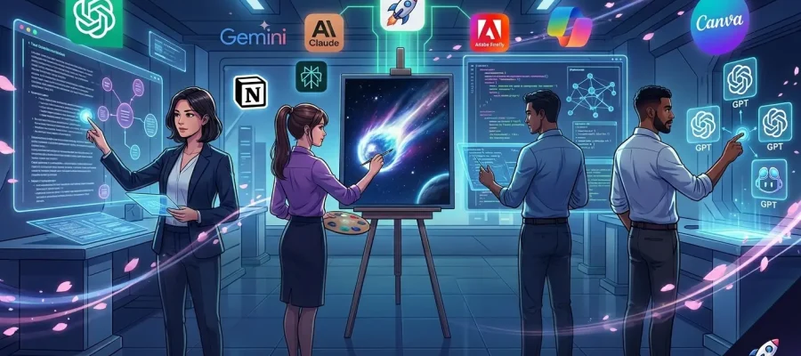 Ilustração futurista de pessoas utilizando as melhores IAs de 2026 para produtividade e criação de conteúdo no portal POPVERSO.